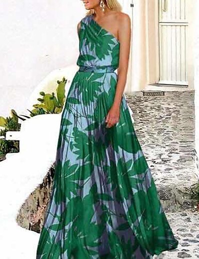 Χαμηλού Κόστους Γυναικεία Φορέματα-Γυναικεία Μακρύ φόρεμα Φόρεμα ριχτό από τη μέση και κάτω Πράσινο του τριφυλλιού Ροδοκόκκινο Αμάνικο Κρύος ώμος Στάμπα Ένας Ώμος Άνοιξη Καλοκαίρι Εξατομικευόμενο Στυλάτο καυτό 2022 Τ M L XL XXL