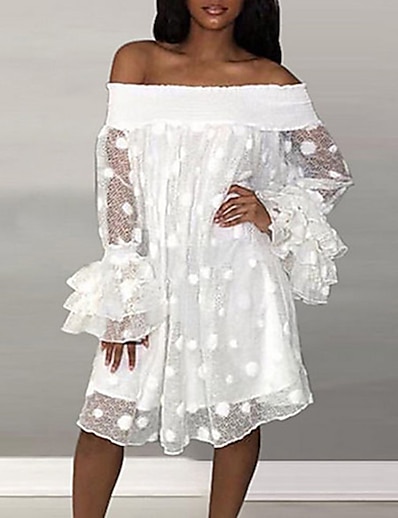Χαμηλού Κόστους Γυναικεία Φορέματα-Γυναικεία Φόρεμα μέχρι το γόνατο Φόρεμα ριχτό Λευκό Μακρυμάνικο Δίχτυ Πουά Ώμοι Έξω Άνοιξη Καλοκαίρι καυτό Κομψό 2022 Τ M L XL XXL 3XL / Πάρτι / Φαρδιά