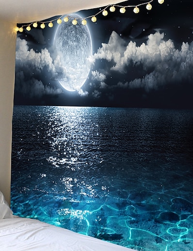 זול בית וגן-שטיח קיר אמנות תפאורה שמיכת וילון מפת שולחן פיקניק תליית חדר שינה סלון מעונות קישוט נוף נוף ירח מלא לילה ים אוקיינוס ענן כוכב שמיים