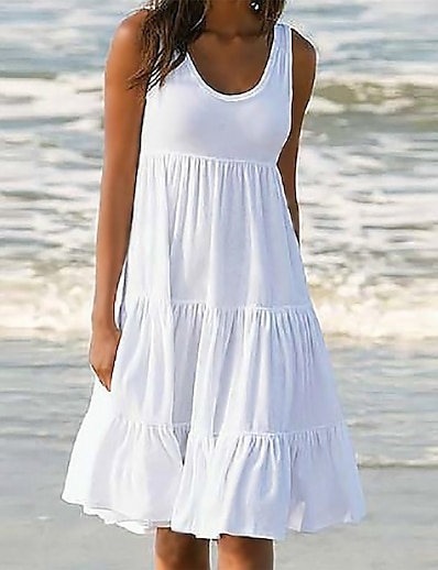 hesapli Kadın Giyim-Kadın&#039;s Haljina do koljena Beyaz elbise Yonca Beyaz Siyah Havuz Doğal Pembe Sarı Fuşya Kolsuz Dantelli Büzgülü Tek Renk Yuvarlak Yaka Bahar Yaz Temel sıcak Günlük Boom Satış Elbise S M L XL XXL 3XL