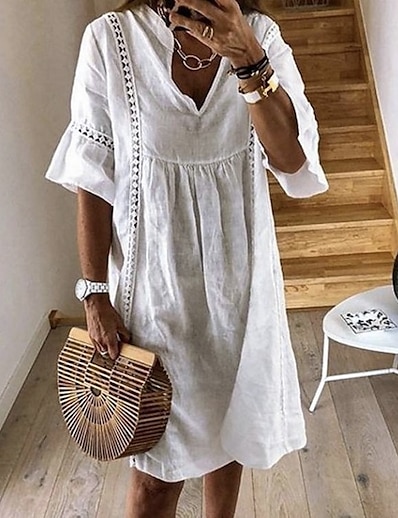 cheap Dresses-Women&#039;s Knee Length Dress Shift Dress Green White Dusty Blue Half Sleeve Hollow Out Solid Color V Neck Summer Casual 2022 Loose S M L XL XXL 3XL