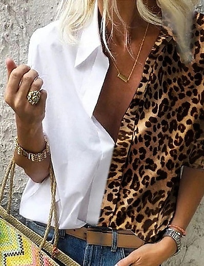 baratos Tendências 2022-Mulheres Blusa Camisa Social Bloco de cor Leopardo Sexy Colarinho de Camisa Imprimir Básico Vintage Sensual Blusas Solto Azul Branco Castanho Claro