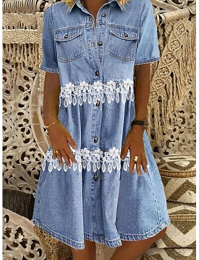 cheap Dresses-Women&#039;s Denim Shirt Dress Knee Length Dress Blue Short Sleeve Lace Lace Pocket Spring Summer Shirt Collar Casual 2021 M L XL XXL 3XL