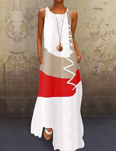 cheap Dresses-Women&#039;s Maxi long Dress A Line Dress Blue Khaki Red White Sleeveless Print Color Block Round Neck Spring Summer Casual Modern 2021 S M L XL XXL 3XL 4XL 5XL / Plus Size / Plus Size / Loose