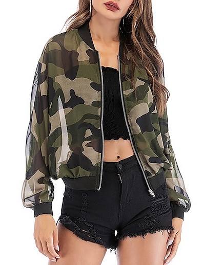 cheap Women&#039;s Outerwear-Women&#039;s Jacket Bomber Jacket Casual Jacket Fall Spring Daily Regular Coat Stand Collar Loose Sporty Jacket Long Sleeve Camo / Camouflage Army Green