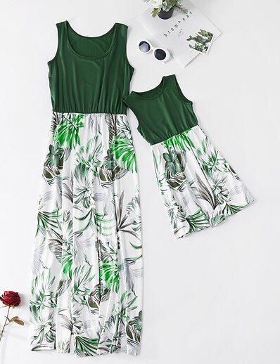 cheap Family Matching Outfits-Mommy and Me Dress Floral Ruched Green Maxi Sleeveless Basic Matching Outfits / Boho / Print