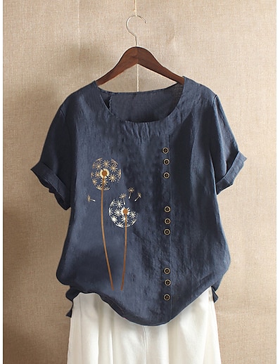 hesapli Kadın Üstleri-Kadın&#039;s Bluz Gömlek Çiçekli Çiçek Desen Yuvarlak Yaka Temel Üstler Pamuklu Ordu Yeşili Turuncu Koyu Mavi