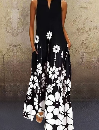 cheap Dresses-Women&#039;s A Line Dress Maxi long Dress Black Sleeveless Floral Print Summer V Neck Chic &amp; Modern Hot Casual Loose 2021 S M L XL XXL 3XL 4XL 5XL