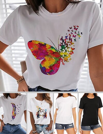 cheap Women&#039;s Tops-Women&#039;s T shirt Rainbow Butterfly Heart Print Round Neck Basic Tops 100% Cotton Butterfly Rainbow White