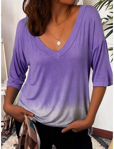 cheap Women&#039;s Tops-Women&#039;s T shirt Color Gradient V Neck Tops Blue Purple Red