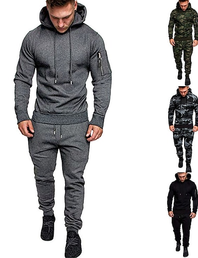 cheap Sports &amp; Outdoors-Men&#039;s 2 Piece Street Casual Tracksuit Sweatsuit Long Sleeve Summer Thermal Warm Breathable Moisture Wicking Cotton Fitness Gym Workout Running Active Training Jogging Sportswear Hoodie Dark Grey