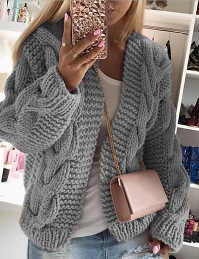cheap Sweaters &amp; Cardigans-Women&#039;s Cardigan Solid Color Knitted Basic Casual Chunky Long Sleeve Loose Sweater Cardigans Fall Winter Hooded Open Front Wine Dusty Rose Gray