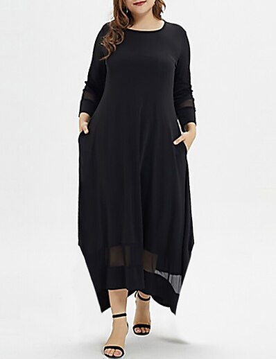 cheap Plus size-Women&#039;s Plus Size Solid Colored A Line Dress Round Neck Long Sleeve Casual Fall Summer Maxi long Dress Dress