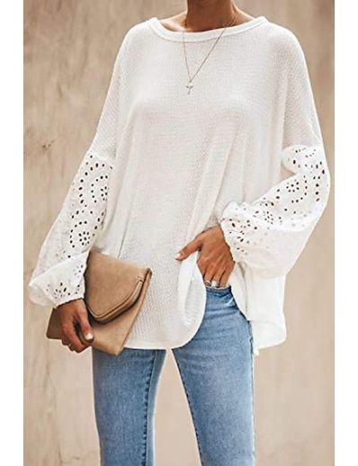 cheap Women&#039;s Tops-Women&#039;s Blouse Eyelet top Peasant Blouse Plain Solid Colored Long Sleeve Cut Out Off Shoulder Basic Tops Loose Cotton Gray White