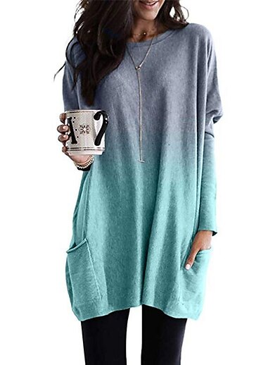 cheap Women&#039;s Tops-Women&#039;s Tunic Color Gradient Long Sleeve Round Neck Basic Tops Loose Purple Blushing Pink Gray