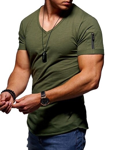 お買い得  メンズトップス-男性用 Tシャツ 純色 Ｖネック 日常 半袖 ジッパー トップの ベーシック 筋 ライトピンク 海軍 ワインレッド / 吸汗性 / 高通気性 / ドライ / ウェットクリーニング