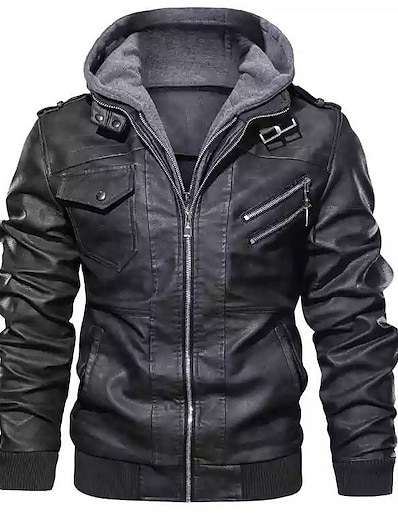 cheap Men&#039;s Outerwear-Men&#039;s Faux Leather Jacket Fall &amp; Winter Daily Regular Coat Stand Collar Hooded Regular Fit Jacket Long Sleeve Solid Colored Gray Black Red