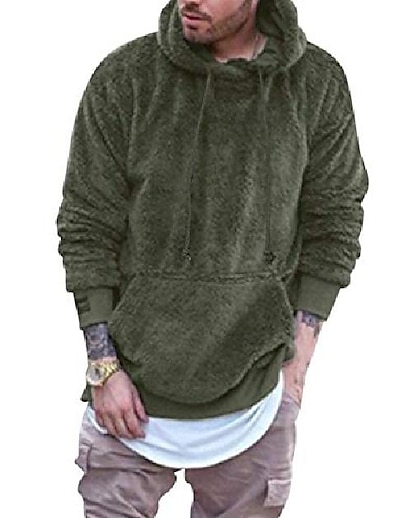 ราคาถูก เสื้อคลุมบุรุษ-ผู้ชายตุ๊กตาหมี hooded jacket fuzzy sherpa pullover hoodie fleece sweatshirts kangaroo pocket outwear army green s