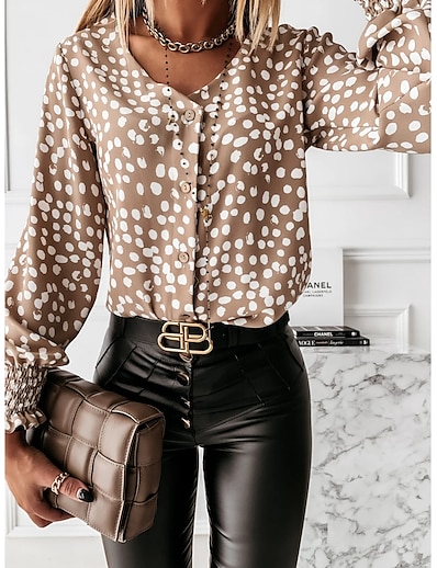 cheap Women&#039;s Tops-Women&#039;s Blouse Shirt Polka Dot Graphic V Neck Pleated Print Basic Elegant Tops Black Khaki Brown