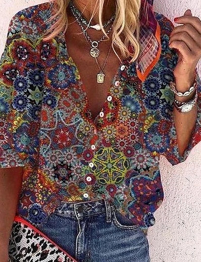 رخيصةأون WOMEN-نسائي بلوزة قميص ورد الرسم زهور كم طويل طباعة قبعة القميص أساسي كاجوال قمم فضفاض التقزح اللوني