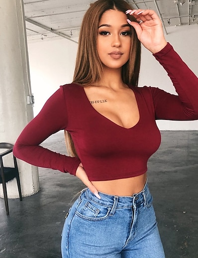 cheap Women&#039;s Tops-Women&#039;s Crop Top Solid Colored Long Sleeve U Neck Sexy Streetwear Tops White Black Red