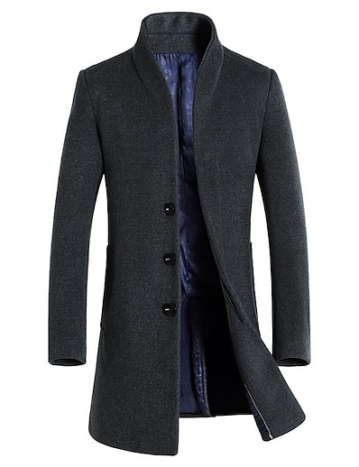 hesapli Erkek Dış Giyimi-Erkek Solid Temel Sonbahar Kış Kaban Uzun Günlük Uzun Kollu Yünlü Kaban Üstler Siyah