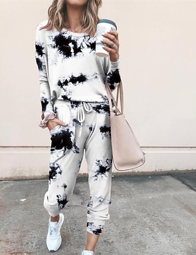 billige To-delt sæt-Dame Basale Batikfarvet Afslappet Daglig To stykke sæt Bukse Loungewear Joggingbukser Sweatshirt Træningsdragt Buksesæt Snørelukning Toppe / Løstsiddende