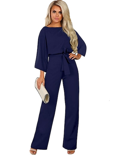 cheap Jumpsuits &amp; Rompers-Women&#039;s Jumpsuit Solid Colored Lace up Basic Crew Neck Straight Loose Blue Black Beige S M L