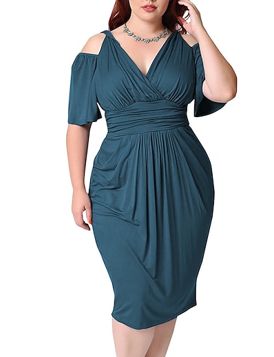 cheap Plus size-Women&#039;s Plus Size Solid Color A Line Dress Ruched V Neck Half Sleeve Elegant Casual Prom Dress Spring Summer Daily Evening Party Knee Length Dress Dress