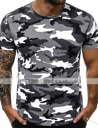 abordables Tops-T shirt Tee Chemise Homme camouflage non imprimable Col Rond Manches Courtes Standard du quotidien Muscle Polyester
