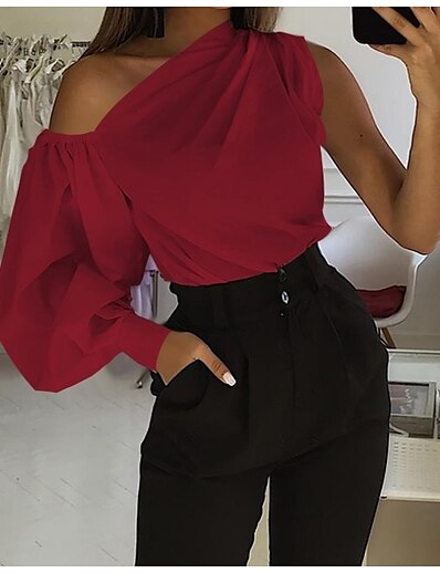 cheap Women&#039;s Tops-Women&#039;s Work Blouse Peasant Blouse Shirt Solid Colored Long Sleeve Patchwork Off Shoulder Sexy Tops Lantern Sleeve White Black Red
