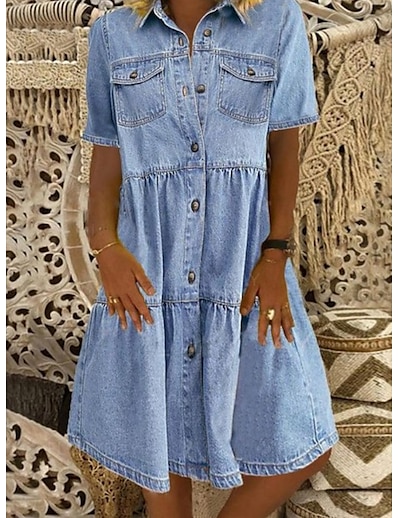 cheap Dresses-Women&#039;s Denim Shirt Dress Knee Length Dress Blue Dark Blue Short Sleeve Square Ruched Pocket Button Spring Summer Shirt Collar Hot Casual 2021 S M L XL XXL 3XL / 100% Cotton / 100% Cotton