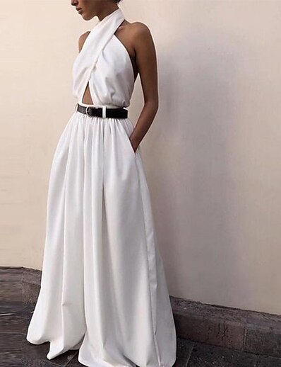 cheap Jumpsuits &amp; Rompers-Women&#039;s Jumpsuit Solid Color Backless Criss Cross Elegant Halter Neck Wide Leg Prom Sleeveless Regular Fit White S M L Summer / Cut Out