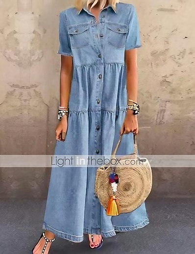 Χαμηλού Κόστους Τάσεις της μόδας 2022-Γυναικεία Φόρεμα τζιν πουκάμισο Μακρύ φόρεμα Σκούρο μπλε Μπλε Απαλό Κοντομάνικο Συμπαγές Χρώμα Τσέπη Κουμπί Άνοιξη Καλοκαίρι Κολάρο Πουκαμίσου καυτό Καθημερινό Βίντατζ φορέματα διακοπών 2021 Τ M L XL