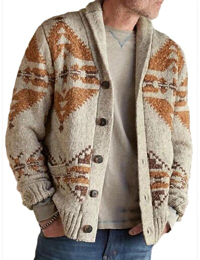 cheap Men&#039;s Tops-Men&#039;s Unisex Cardigan Jacquard Geometric Vintage Style Retro Knitted Stylish Sweaters Long Sleeve Sweater Cardigans Fall Winter Shirt Collar Khaki