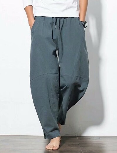 cheap Men-Men&#039;s Harlem Pants Pocket Elastic Waist Harem Pants Trousers Ankle-Length Pants Causal Daily Cotton Solid Color Mid Waist Blue White Black Gray Khaki M L XL XXL XXXL