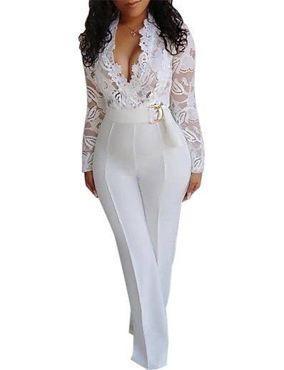 cheap Jumpsuits &amp; Rompers-Women&#039;s Jumpsuit Solid Color Cut Out Lace Basic Deep V Straight Party Wedding Long Sleeve Slim White S M L Fall / High Waist
