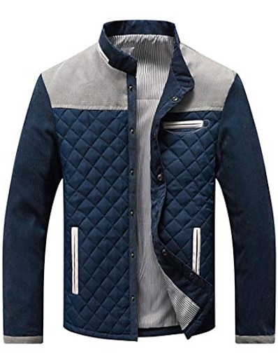 tanie Męska odzież wierzchnia-kontrastowa pikowana kurtka męska ze stójką zapinana na guziki (duża, granatowo-szara)