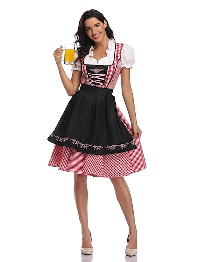 cheap Anime Cosplay-Oktoberfest Beer Dirndl Trachtenkleider Women&#039;s Dress Apron Bavarian Vacation Dress Costume Red+Black Red Green / Tulle / Cotton
