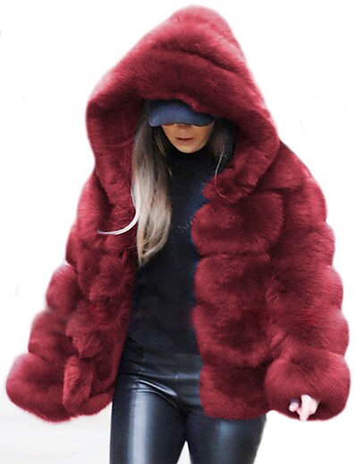 cheap Women&#039;s Outerwear-Women&#039;s Faux Fur Coat Fall Winter Party Street Daily Regular Coat Windproof Warm Regular Fit Party Casual Jacket Long Sleeve Oversized Solid Color Sapphire Black Wine