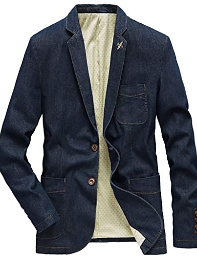 povoljno Muške hlače-Muškarci Sako Blazer Poslovanje Jednobojni Droit 1 bouton Obična Pamuk Muška Odijelo Traper plava / Vintage plava / Crn - V izrez