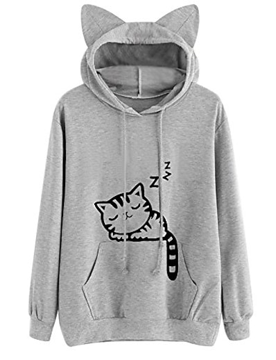 cheap Women&#039;s Tops-women&#039;s cute cat ear printed long sleeve hoodies casual loose hooded sweatshirts sweaters pullover tops shirts gray