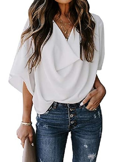 رخيصةأون بلوزات &amp; قمصان-نسائي بلوزة 平织 V رقبة أساسي قمم بنفسجي فاتح لوز أبيض