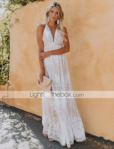 Χαμηλού Κόστους Τάσεις της μόδας 2022-Γυναικεία Μακρύ φόρεμα Φόρεμα ριχτό από τη μέση και κάτω Λευκό Ανθισμένο Ροζ Βαθυγάλαζο Αμάνικο Εξώπλατο Δαντέλα Συμπαγές Χρώμα Λαιμόκοψη V Άνοιξη Καλοκαίρι Πάρτι Κομψό Καθημερινό Γιορτή 2022 Τ M L XL