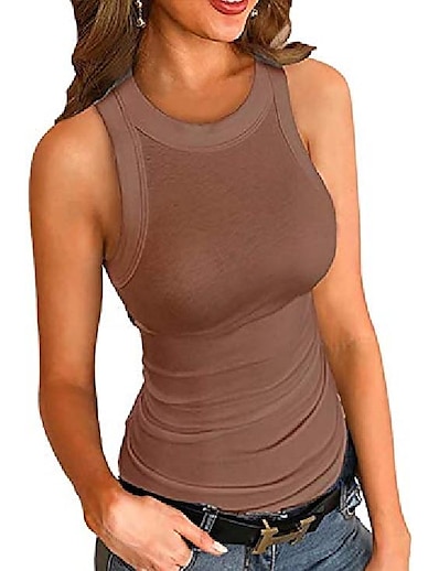 cheap Women&#039;s Tops-womens round neck tops sleeveless solid color sexy tank top,brown,m