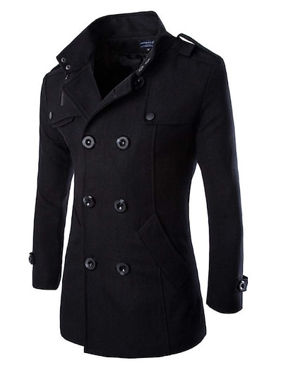 abordables Hombres-Abrigo largo medio de lana de lana para hombre con doble botonadura, abrigo de cuello alto, gabardina de invierno (negro, m = asiático m)
