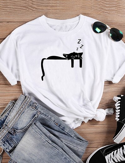 cheap Tees &amp; T Shirts-Women&#039;s Daily Weekend T shirt Tee Short Sleeve Cat Round Neck Print Basic Tops 100% Cotton White Black S