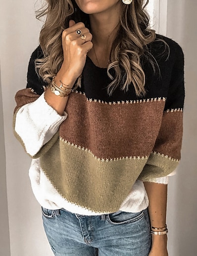 cheap Sweaters &amp; Cardigans-Women&#039;s Pullover Sweater Color Block Knitted Patchwork Stylish Basic Casual Long Sleeve Sweater Cardigans Fall Winter Crew Neck Blue Khaki Black / Loose