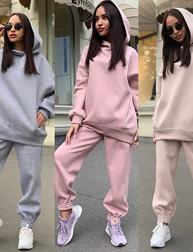 cheap Running, Jogging &amp; Walking-Women&#039;s 2 Piece Street Athleisure Tracksuit Sweatsuit 2pcs Long Sleeve Winter Warm Breathable Soft Fitness Running Jogging Sportswear Solid Colored Hoodie Purple Army Green Black Pink Fuchsia Gray