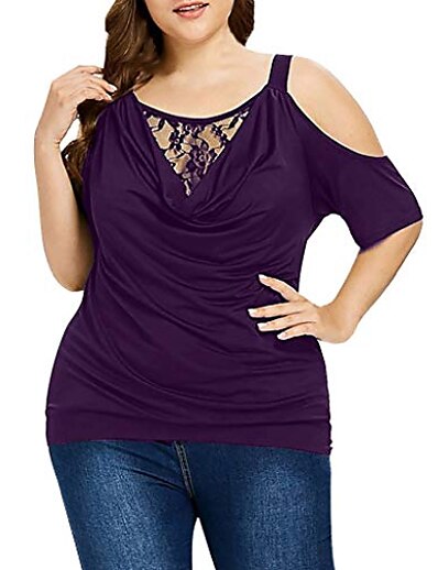 cheap Plus size-Women&#039;s Plus Size T shirt Plain Round Neck Lace Fashion Tops Black Blue Purple